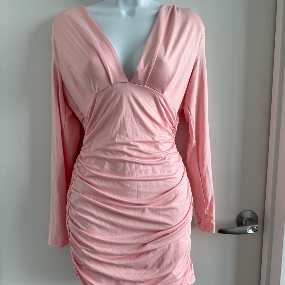 Pink Ruched Long Sleeve Dress